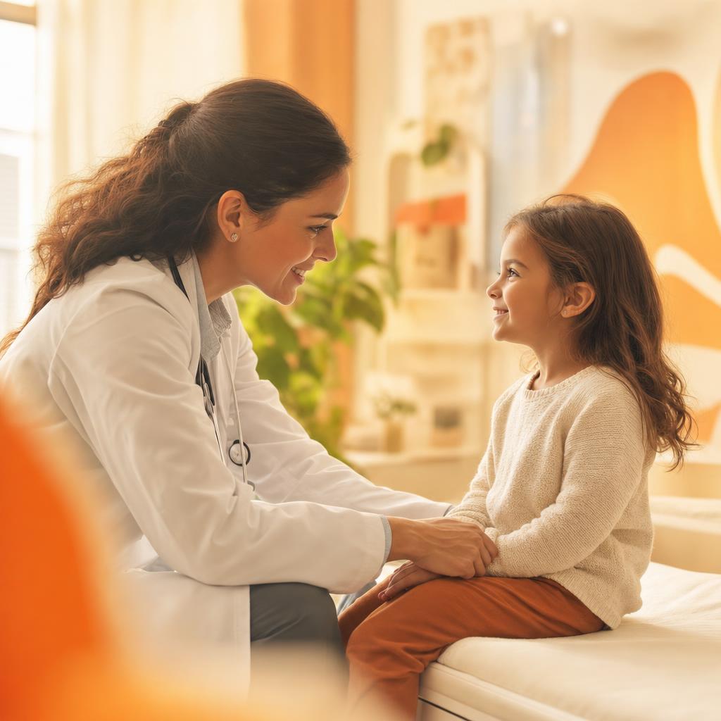 Pediatra acolhendo uma criança tranquila em consulta