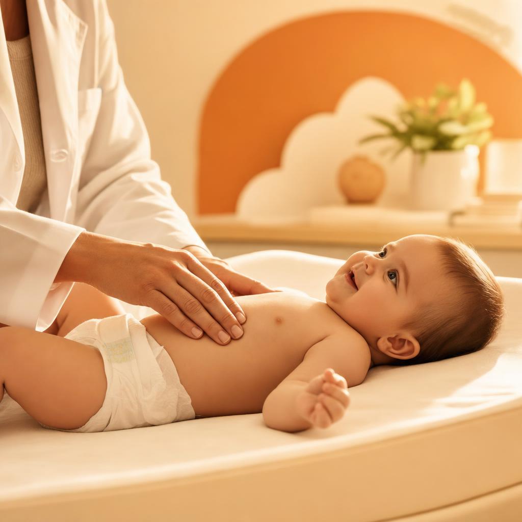 Pediatra fazendo uma palpação abdominal cuidadosa em um bebê