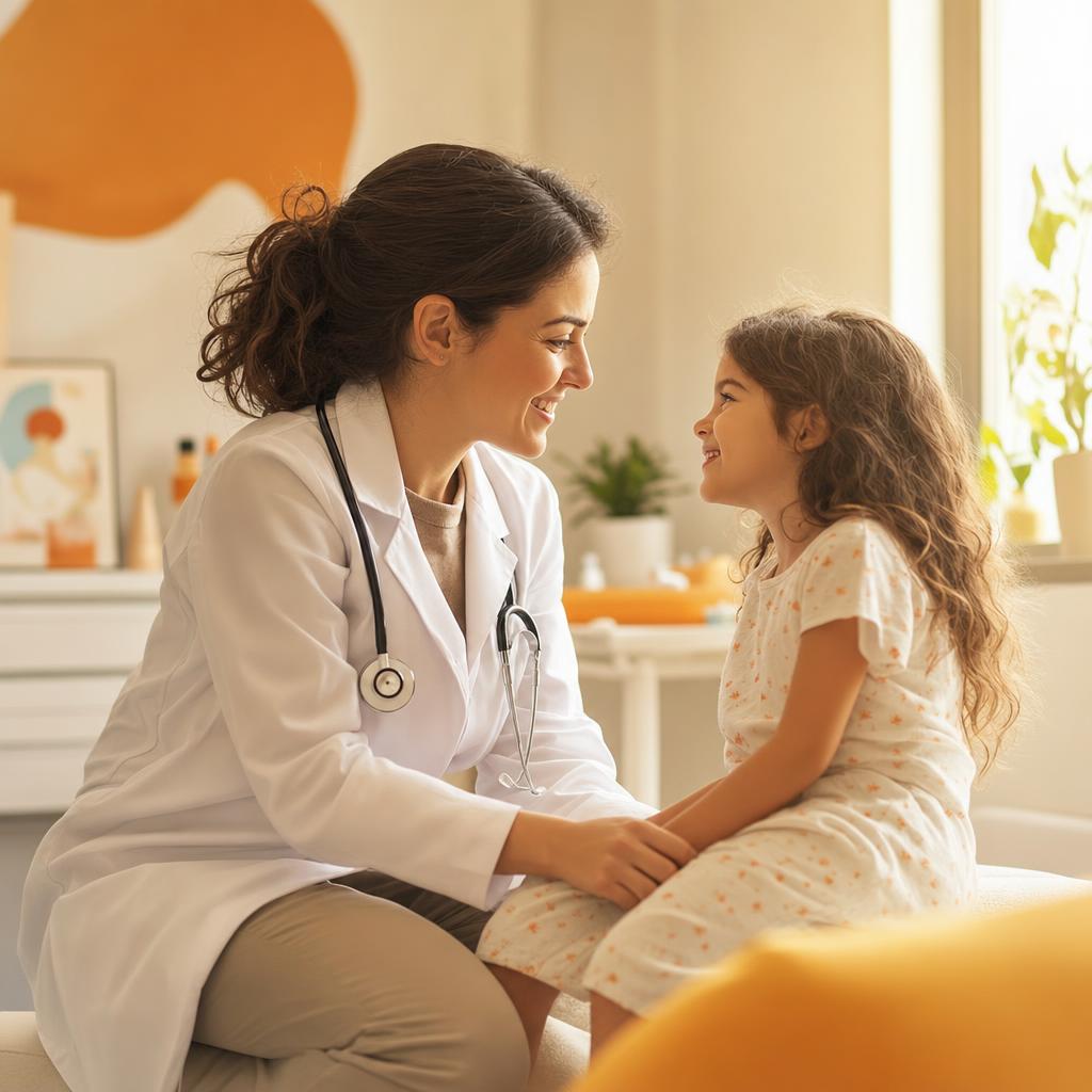 Pediatra acolhendo uma criança tranquila em consulta