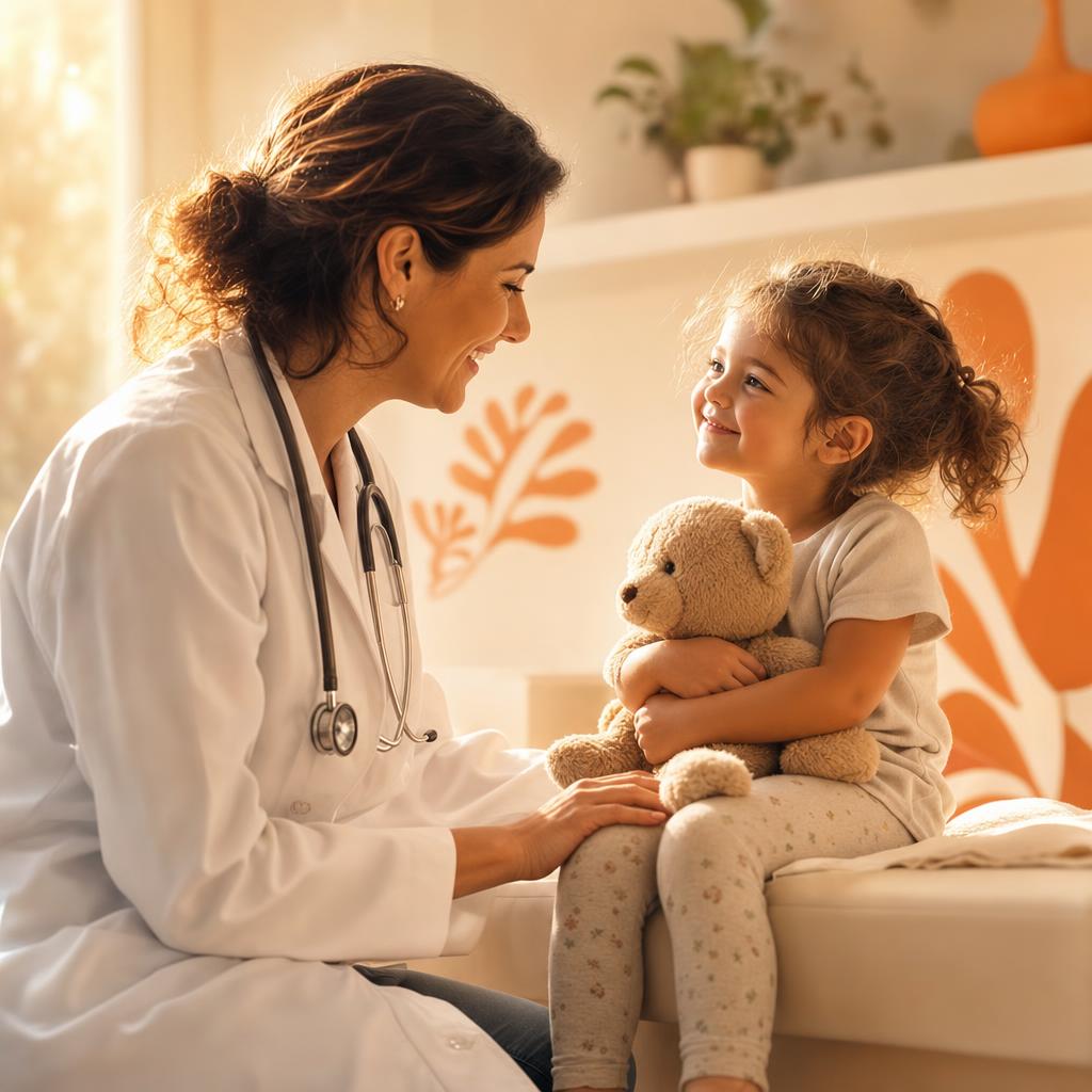 Pediatra acolhendo uma criança tranquila em consulta