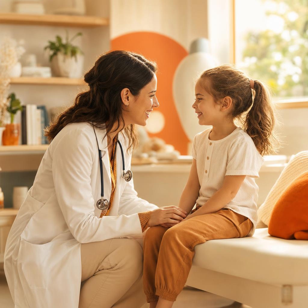Pediatra acolhendo uma criança tranquila em consulta