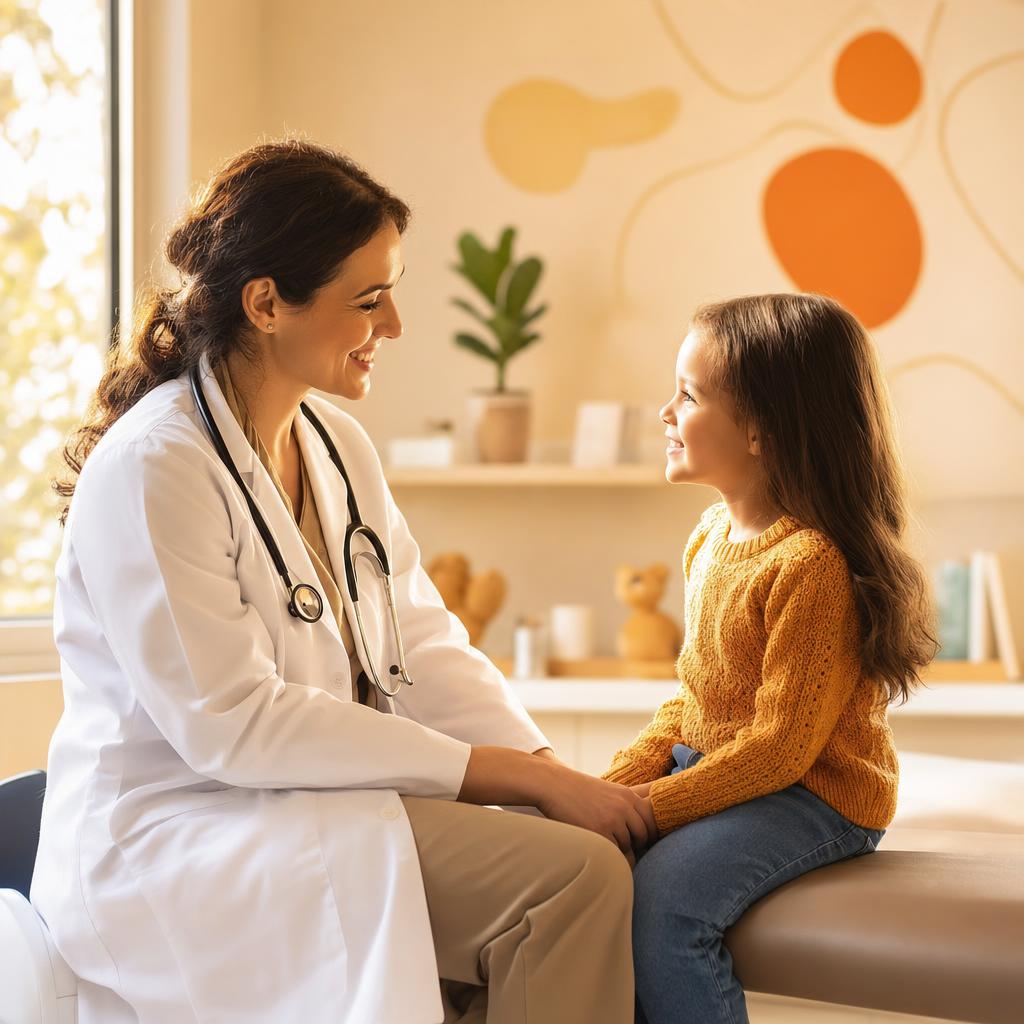 Pediatra acolhendo uma criança tranquila em consulta