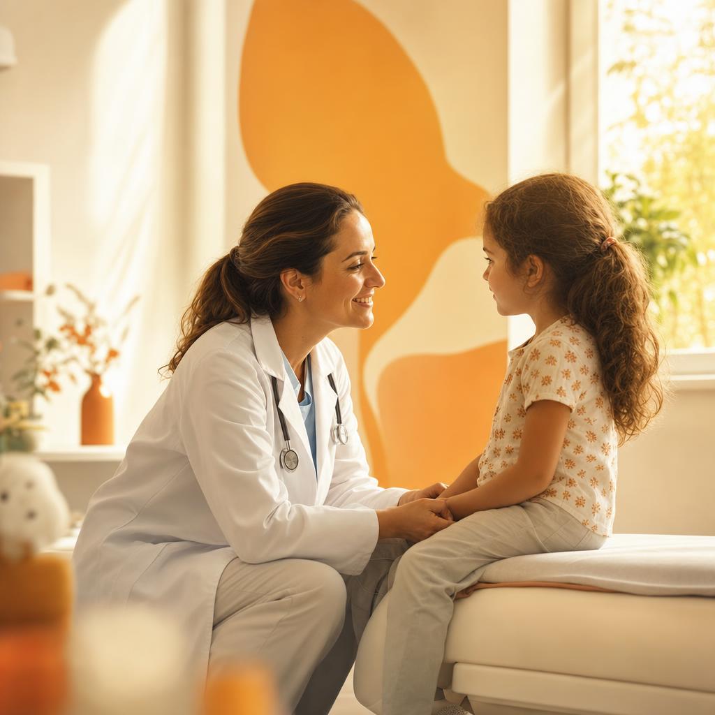 Pediatra acolhendo com tranquilidade uma criança em consulta