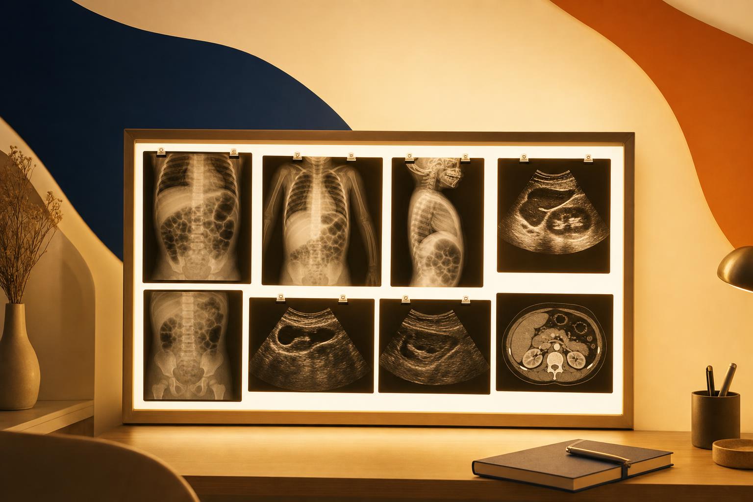 Negatoscópio com exames de imagem pediátricos do abdome